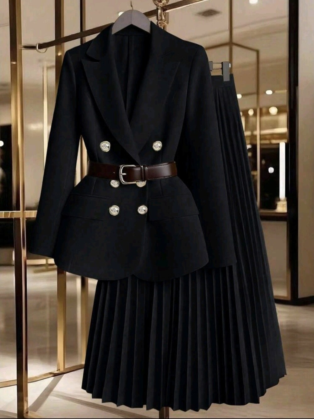 Women's Button Decor Blazer + Pleated Skirt Elegant Casual Commuter Versatile - Picture 3 of 7